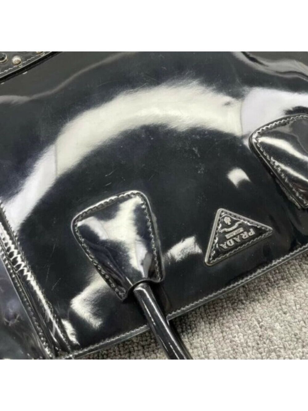 Authentic Prada Patent Leather Studded Tote Black Spazzolato Shoulder Bag - Picture 9 of 16